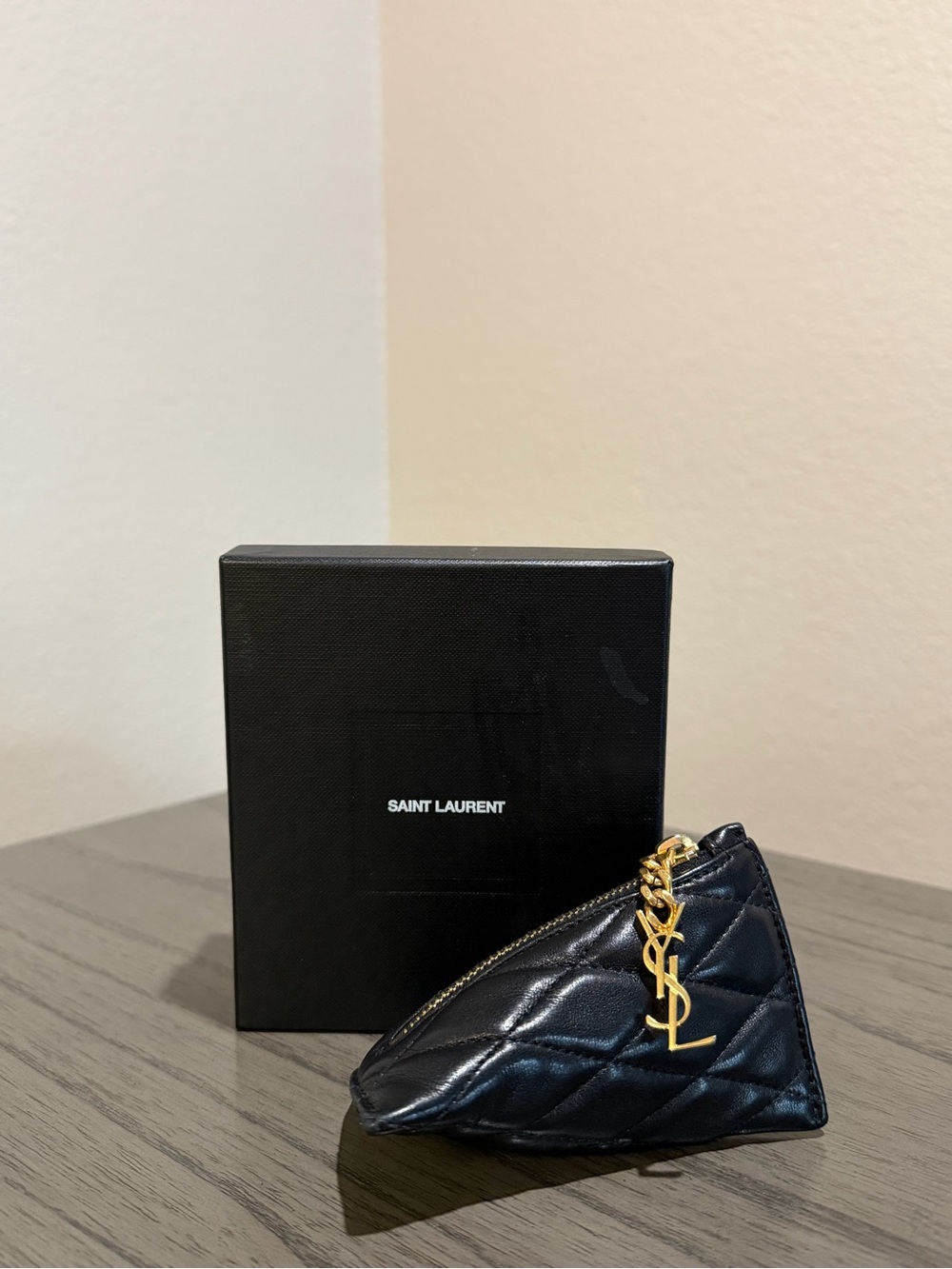 Saint Laurent Black Quilted Leather Coin Pouch with Gold YSL Charm